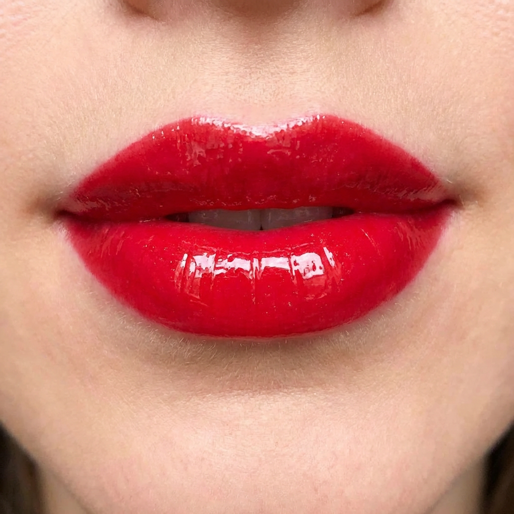 Close-up of slightly parted lips wearing vibrant, glossy red lipstick.