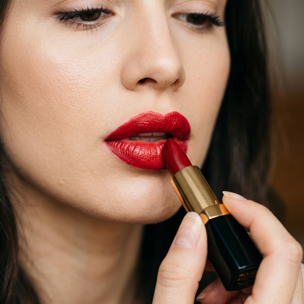 Woman applying red lipstick to slightly parted lips